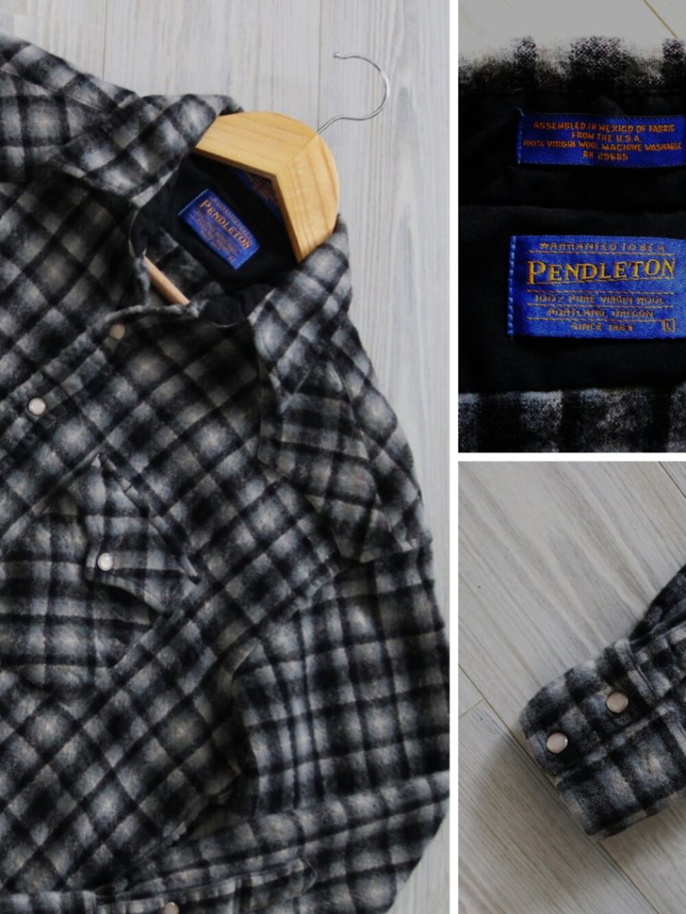 Pendleton High Grade Westernwear Pearl Snap Shirt Size L Gray Plaid Wool Flannel